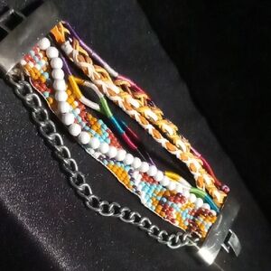 Multi strand Colorful Beaded Bracelet with Silver Chain and clasp sz. 7